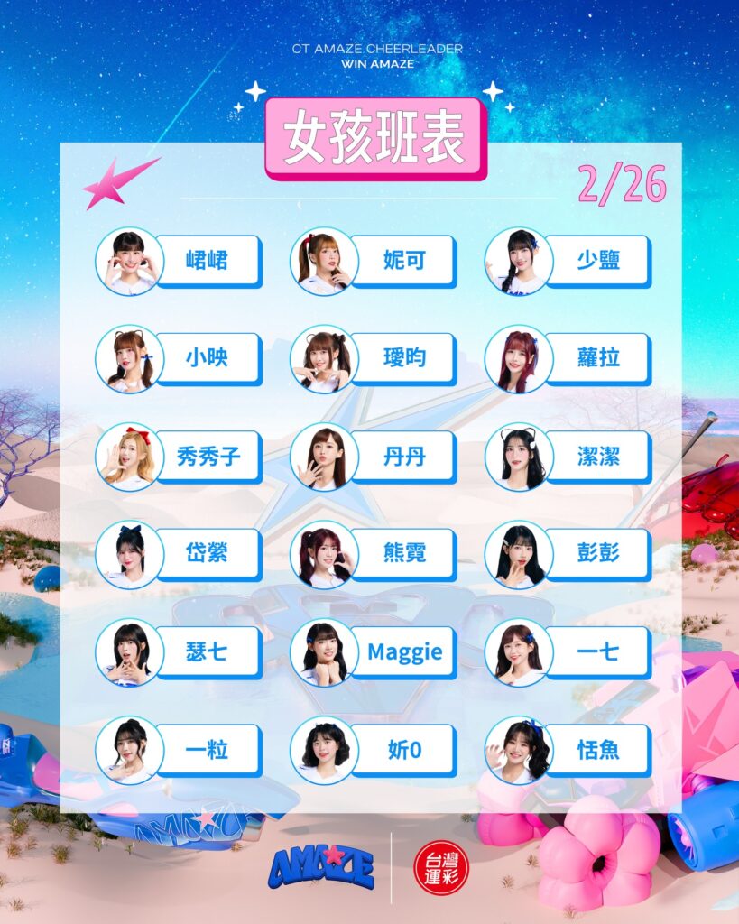 2026 台日棒球交流赛 2 月 26 日 CT AMAZE 啦啦队女孩应援班表，包含峮峮、一粒、秀秀子等 18 位豪华阵容。