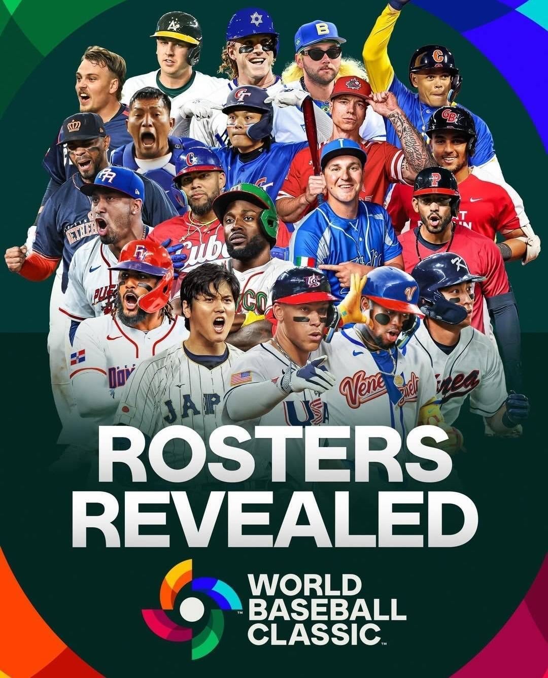 2026 WBC 官方释出各国名单宣传海报,中华队「国防部长」张育成站在第三排中间,与各国球星同框。(图片来源:WBC Official IG)