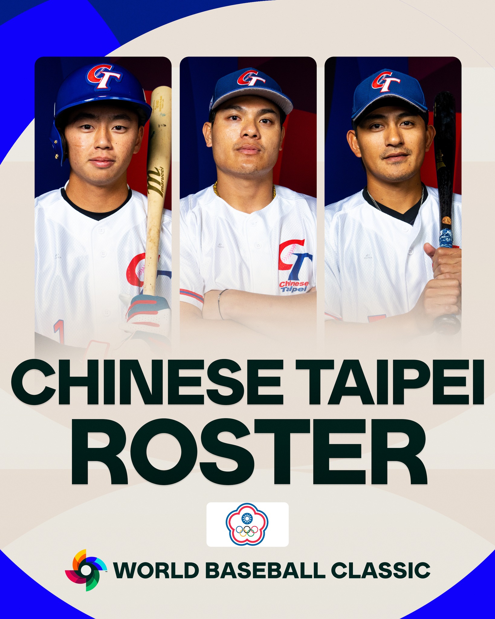 WBC 官方释出 2026 中华队(Chinese Taipei)名单宣传海报,由旅美三剑客郑宗哲(左)、张育成(中)、林子伟(右)代表台湾。(图片来源:WBC Official)